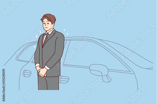 Car driver in suit standing near car waiting for client. Chauffeur in formalwear working in luxury automobile company. Good quality service. Vector illustration. 