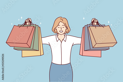 Happy young woman holding paper bags excited with shopping. Smiling female client or customer show purchases buying in mall. Consumerism. Vector illustration. 