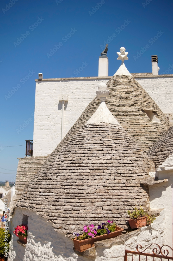 houses with cone roof, white walls with lime and stone on the roof, flower pots and plants, clear skies, harmony and simplicity