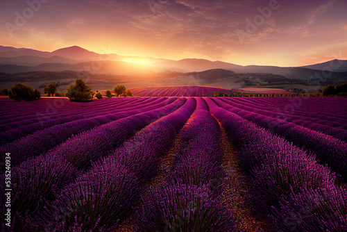lavender field in southern france, sunset provence landscape, fictional landscape created with generative ai photo