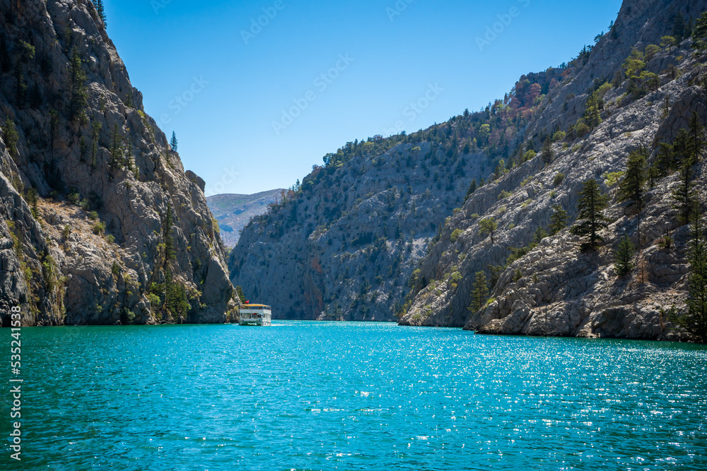 Mountain Lake. Emerald water reservoir behind the dam Oymapinar. Green Canyon in Manavgat region, Turkey.