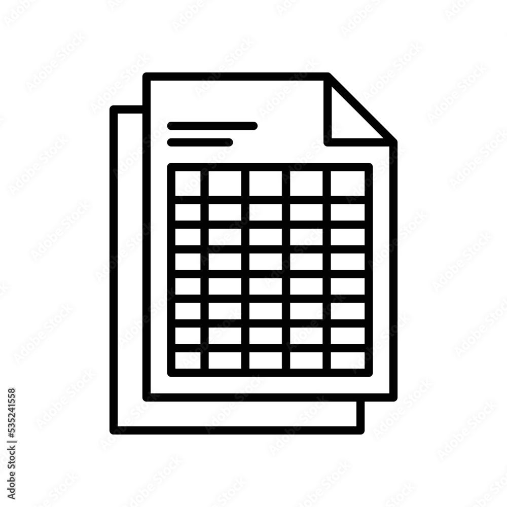 Spreadsheet icon with paper document and cells in black outline style Spreadsheet icon with paper document and cells in black outline style