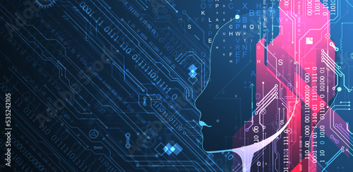 Artificial Intelligence. Technical background with a silhouette of a man. Big data concept. Machine cyber mind.