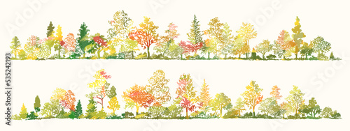Trees sketch set. Hand drawn graphic autumn forest. Composition of different colorful trees, shrubs and grass isolated on background. Vector illustration