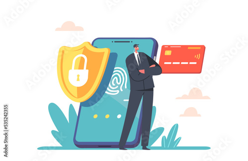 Mobile Data Protection Concept. Credit Card Check And Software for Confidential Access. Security Character in Black Suit