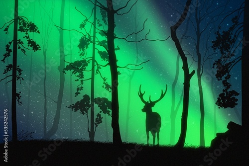 Lonely deer in misty forest. Animal silhouette. Green aurora borealis