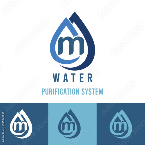 Initial m Letter with water drop icon for water purification system, natural cosmetic business logo idea	