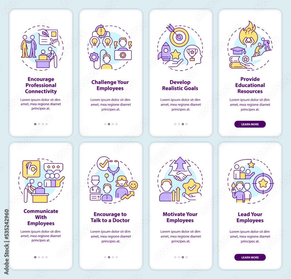 Employee mental health onboarding mobile app screen set. Leadership ...