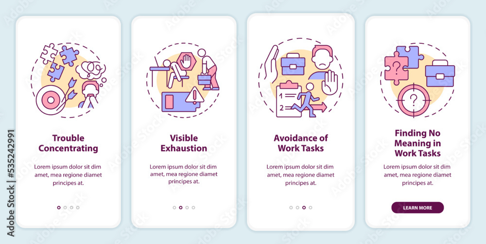 Signs of employee burnout onboarding mobile app screen. Job exhaustion walkthrough 4 steps editable graphic instructions with linear concepts. UI, UX, GUI template. Myriad Pro-Bold, Regular fonts used