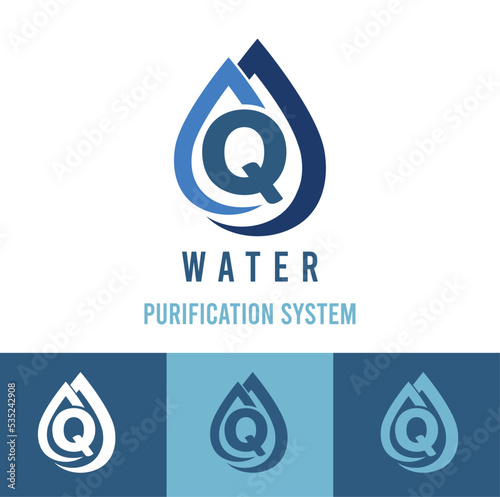 Initial q Letter with water drop icon for water purification system, natural cosmetic business logo idea	