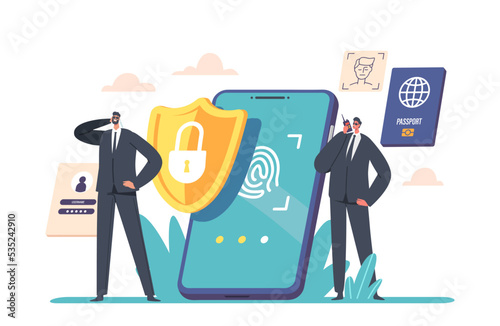 Mobile Data Protection Concept With Safeguard Or Security Characters At Smartphone With Fingerprint, Biometrics