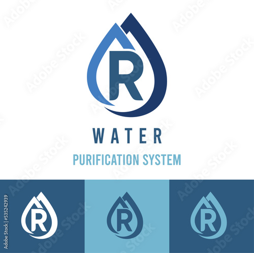 Initial R Letter with water drop icon for water purification system, natural cosmetic business logo idea	