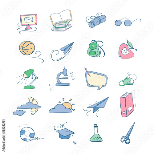 School sketch illustration set. Back to school vector collection with supplies, books and notepads, backpack, apple, speech bubble, microscope and other elements
