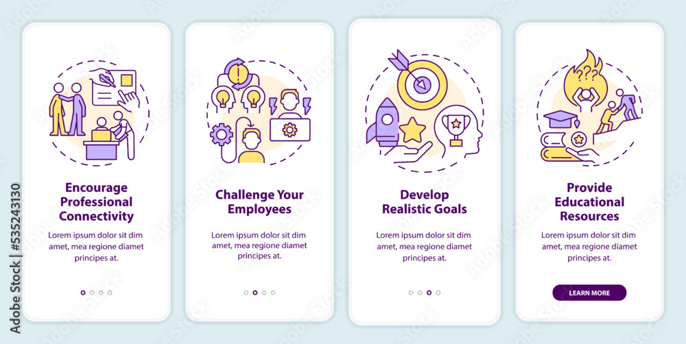 Empower employees onboarding mobile app screen. Motivate workers walkthrough 4 steps editable graphic instructions with linear concepts. UI, UX, GUI template. Myriad Pro-Bold, Regular fonts used