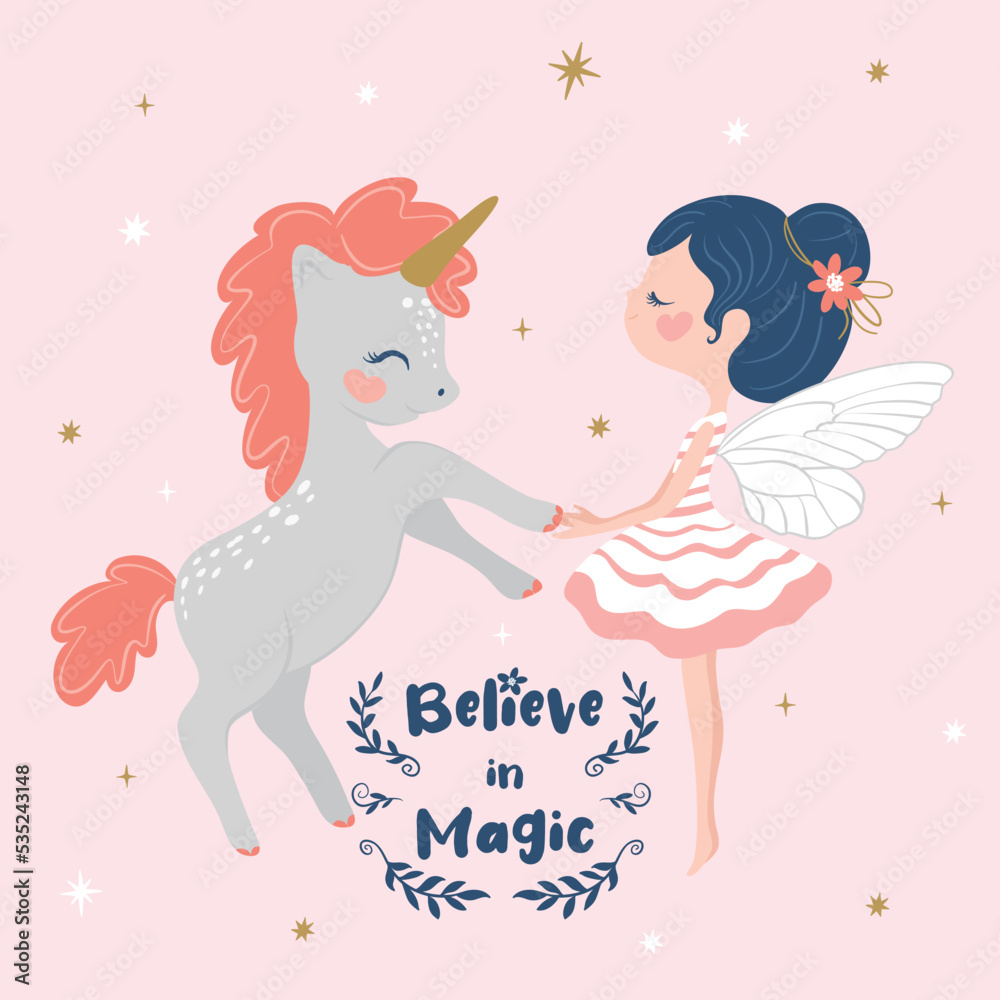 Cute unicorn with little fairy vector illustration, children artworks, wallpapers, posters, greeting cards prints. Cute unicorn with little fairy vector illustration, children artworks, wallpapers, posters, greeting cards prints.