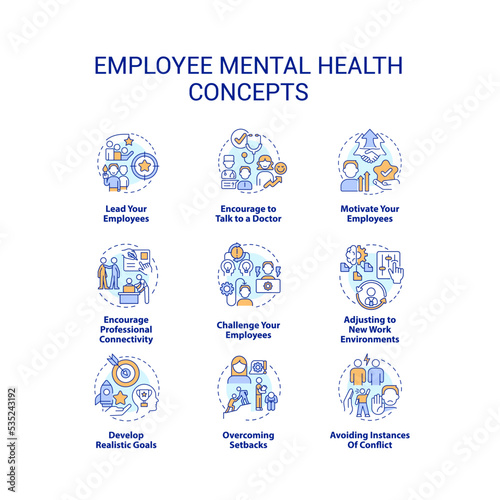 Employee mental health concept icons set. Workers resilience. Caring work environment idea thin line color illustrations. Isolated symbols. Editable stroke. Roboto-Medium, Myriad Pro-Bold fonts used