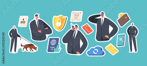 Set Of Stickers Mobile Data Protection, Privacy In Internet. Safeguards Characters With Shepherd Dog, Smartphone