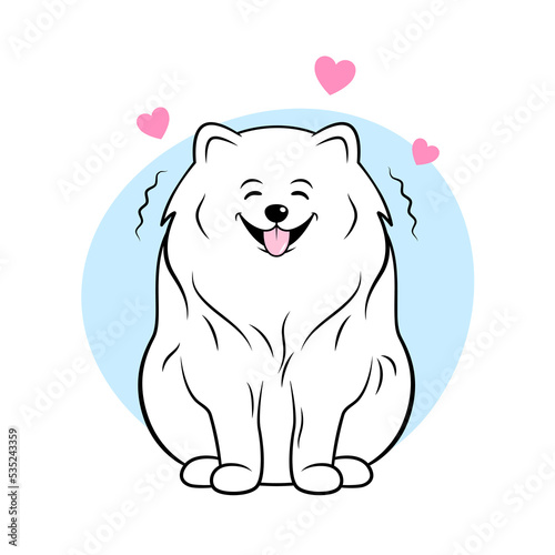 Happy dog, white fluffy smiling pomeranian spitz cartoon illustration