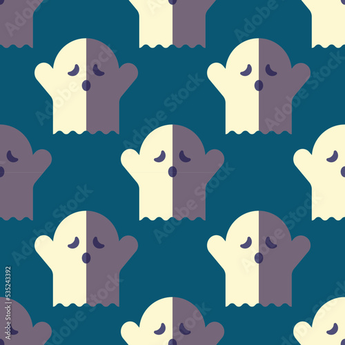 Halloween concept. Vector seamless pattern of spooky ghost on dark blue background. Suitable for postcards, fabric, textile, wrappers, wallpapers