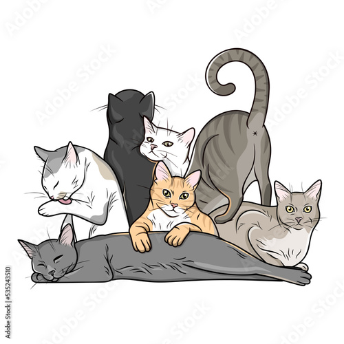 Crowd, gathering of funny cats in various poses, cartoon, comic illustration