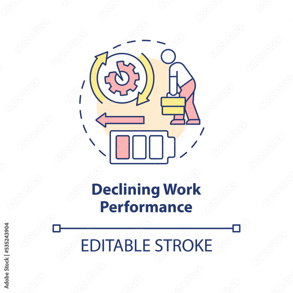 Declining work performance concept icon. Avoidance work tasks. Employee exhaustion abstract idea thin line illustration. Isolated outline drawing. Editable stroke. Arial, Myriad Pro-Bold fonts used