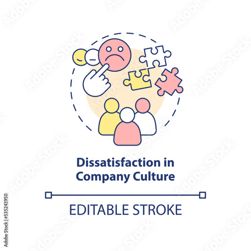 Dissatisfaction in company culture concept icon. Negative workplace environment abstract idea thin line illustration. Isolated outline drawing. Editable stroke. Arial, Myriad Pro-Bold fonts used