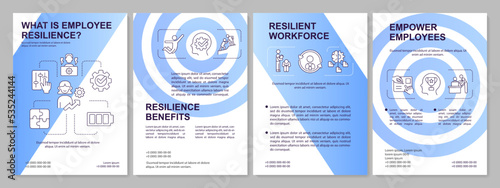Workforce resilience blue gradient brochure template. Employees wellbeing. Leaflet design with linear icons. 4 vector layouts for presentation, annual reports. Arial, Myriad Pro-Regular fonts used
