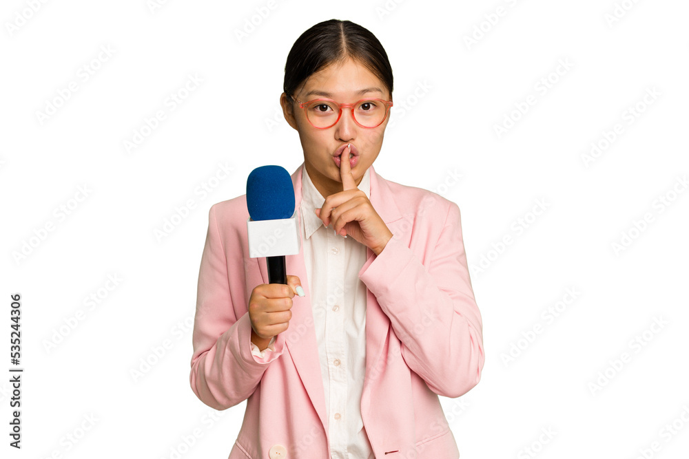 Young TV Asian presenter isolated on green chroma background keeping a secret or asking for silence. Young TV Asian presenter isolated on green chroma background keeping a secret or asking for silence.