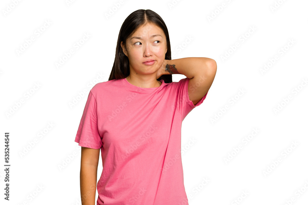 Young Asian woman isolated on green chroma background touching back of head, thinking and making a choice.