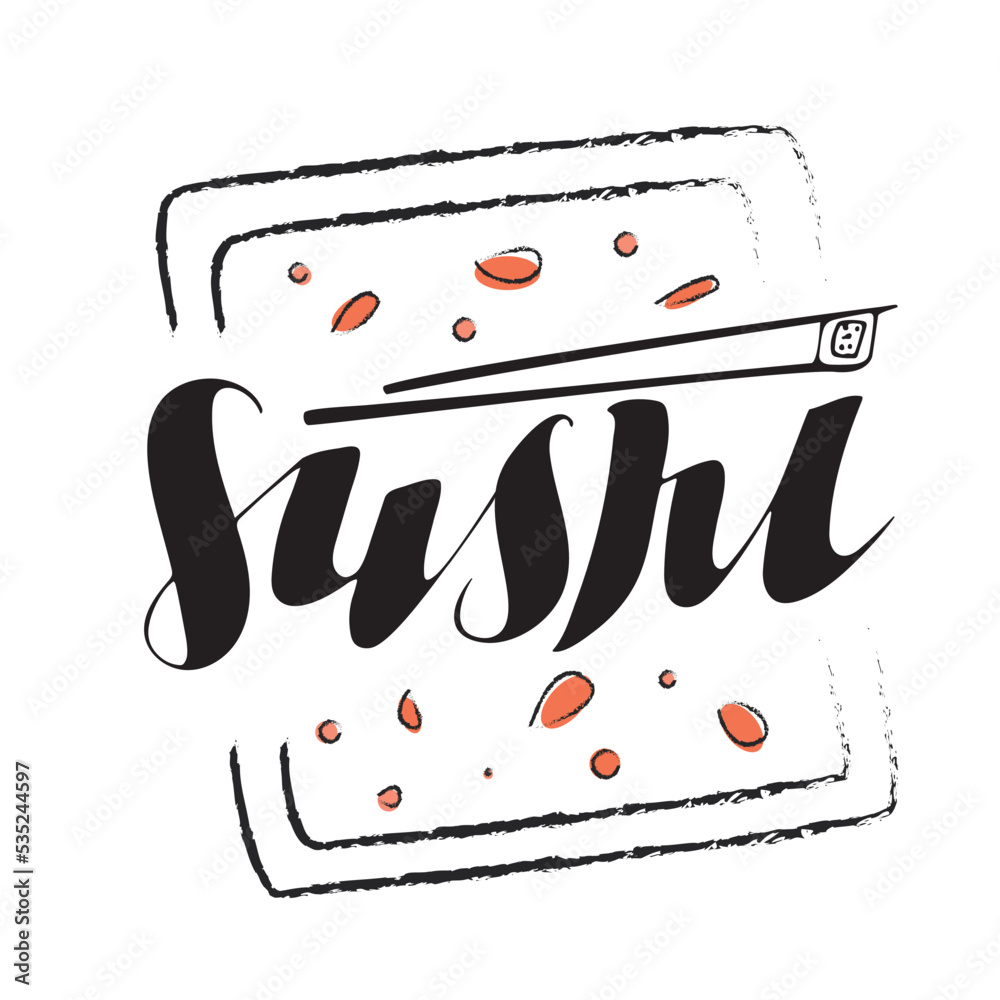 Sushi Rice Stacks Lettering Vetor de Sushi logo. Vector hand lettering. Black letters with sticks ...