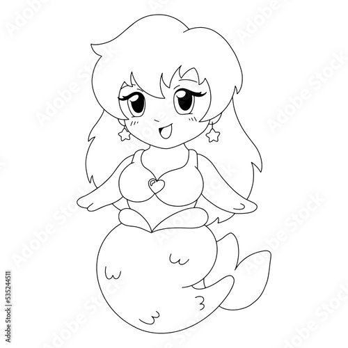 Beautiful plump little mermaid. Coloring book page for kids. Cartoon style character. Vector illustration isolated on white background.