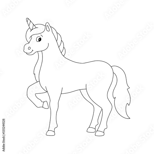 Magic unicorn. Fairy horse. Coloring page for kids. Digital stamp. Cartoon style character. Vector illustration isolated on white background.