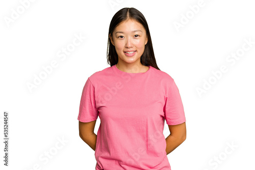 Fotografie Young Asian woman isolated on green chroma background happy, smiling and cheerful