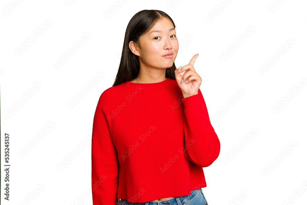 Young Asian woman isolated on green chroma background showing number one with finger. Young Asian woman isolated on green chroma background showing number one with finger.