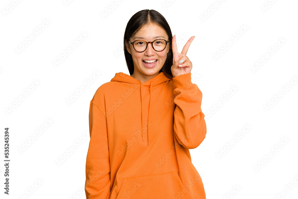 Young Asian woman isolated on green chroma background showing number two with fingers. Young Asian woman isolated on green chroma background showing number two with fingers.