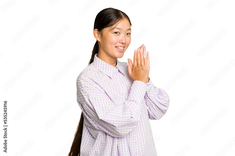 Young Asian woman isolated on green chroma background feeling energetic and comfortable, rubbing hands confident. Young Asian woman isolated on green chroma background feeling energetic and comfortable, rubbing hands confident.