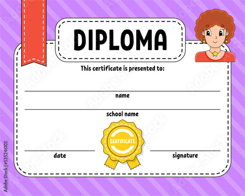 Diploma sertificate template. For school and preschool. For kids and children. Vector illustration.