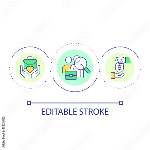 Volunteering support loop concept icon. Receiving assistance. Mentoring. Charity and fundraising abstract idea thin line illustration. Isolated outline drawing. Editable stroke. Arial font used