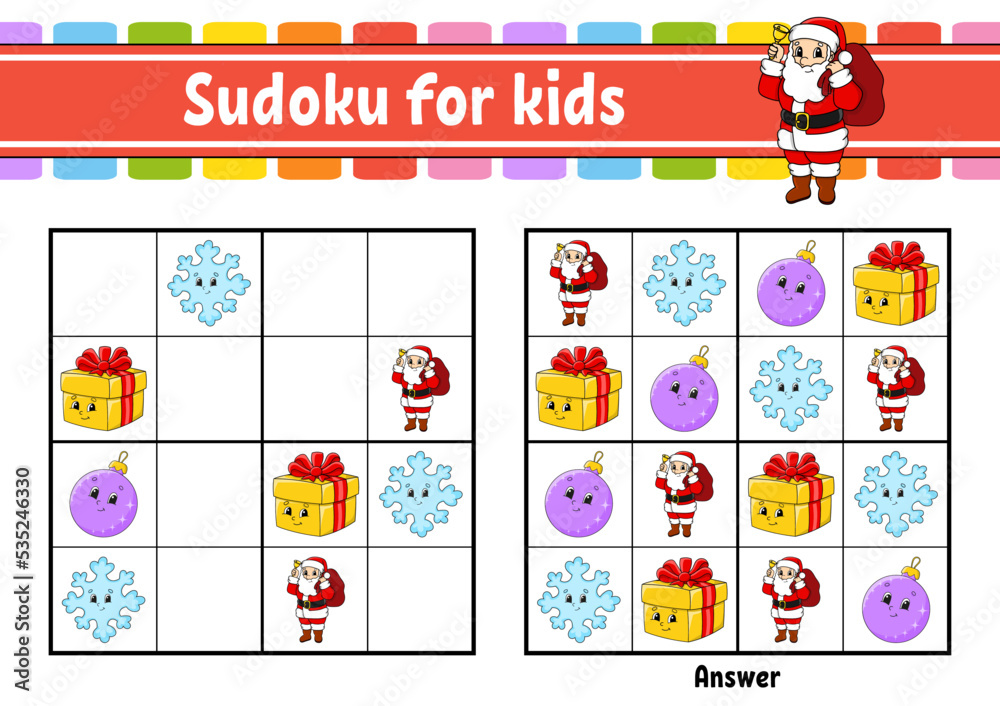 Sudoku for kids. Education developing worksheet. cartoon character. Color activity page. Puzzle game for children. Logical thinking training. Vector illustration.