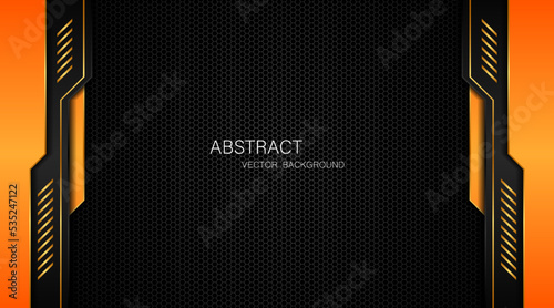 Dark steel mesh abstract background with black and orange polygon shapes, free space for design. modern technology innovation concept background
