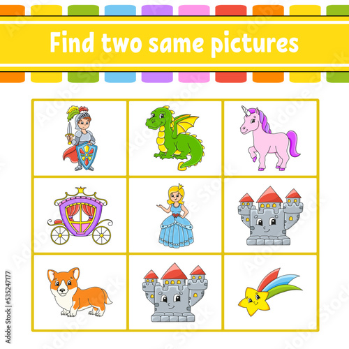Fototapeta Naklejka Na Ścianę i Meble -  Find two same pictures. Task for kids. Education developing worksheet. Activity page. Color game for children. Funny character. Cartoon style. Vector illustration.