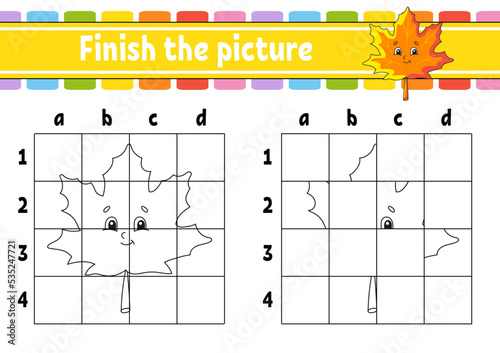 Finish the picture. Coloring book pages for kids. Education developing worksheet. Game for children. Handwriting practice. cartoon character. Vector illustration.