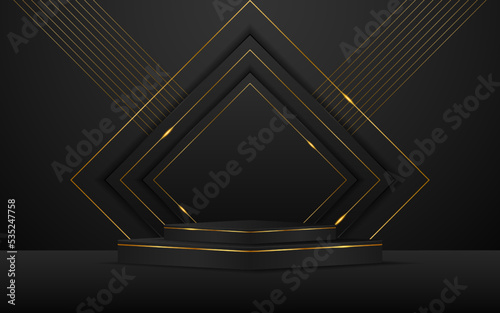 Black podium with black squares and elegant gold lines on the back for product presentation. Cosmetic product display. vector illustration
