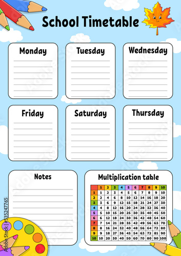 School timetable. For the education of children. Isolated on color background. With a cute cartoon character. Vector illustration.