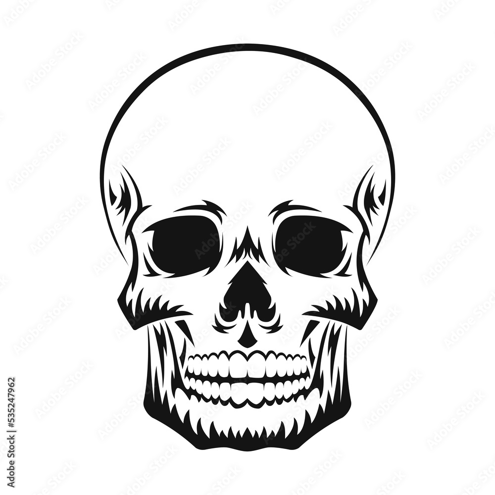 Human skull. Black silhouette. Design element. Hand drawn sketch. Vintage style. Vector illustration isolated on white background. Human skull. Black silhouette. Design element. Hand drawn sketch. Vintage style. Vector illustration isolated on white background.