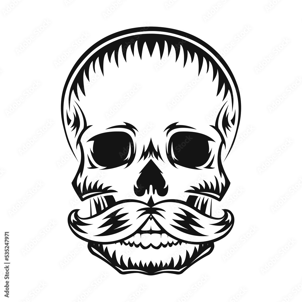Fototapeta premium Human skull with mustache. Black silhouette. Design element. Hand drawn sketch. Vintage style. Vector illustration.