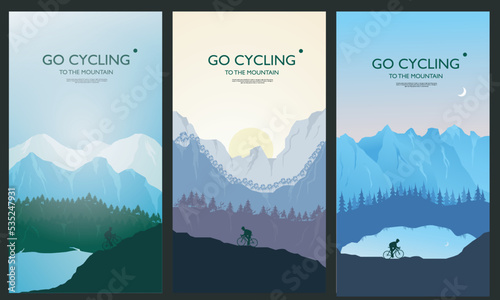 Travel concept of discovering mountain nature, exploring and observing nature. Mountain bike. Cycling in nature. Adventure travel. Minimalist graphic poster. Polygonal flat design for book covers, pos