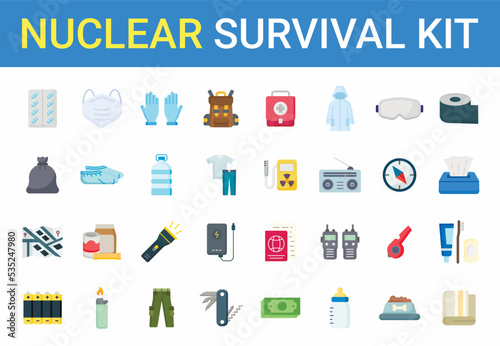 Set of 32 nuclear survival kit icons. Surviving, war, emergency, aid, backpack,  disasters. collection of color flat icons. 