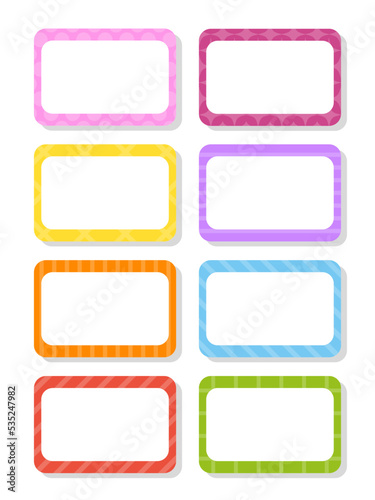 Set stickers for design. Empty template. Name tags, gift labels. Perfect for folders, daily journals, notebooks, lunch bags, pencil boxes. Rectangular label. Color vector isolated illustration.