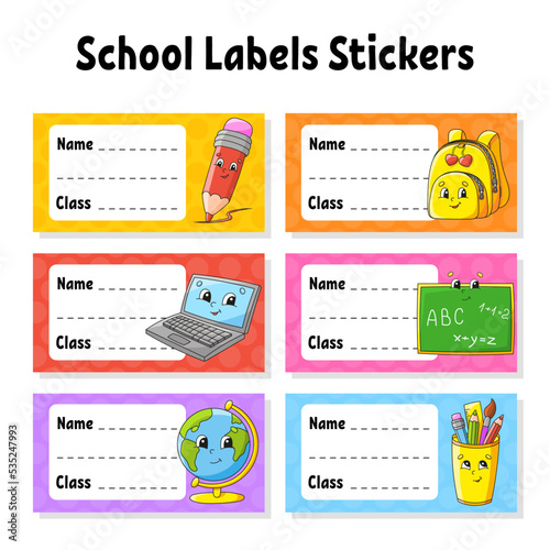 Name and class. Back to school labels. Set stickers for notebook. Bright stickers. Rectangular label. Cute characters. Color vector isolated illustration.